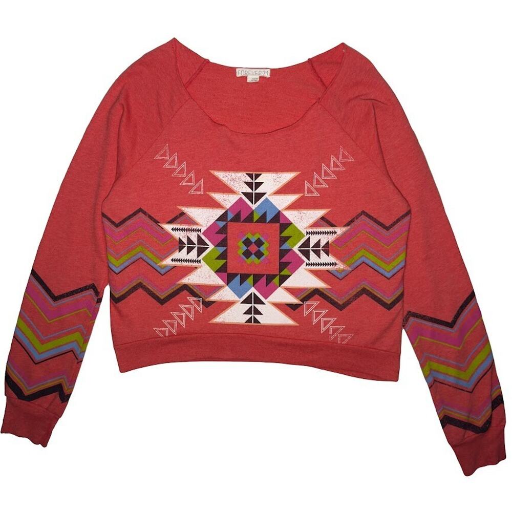 Forever 21 Women's Cropped Aztec Long Sleeve Sweatshirt Crewneck Size Medium